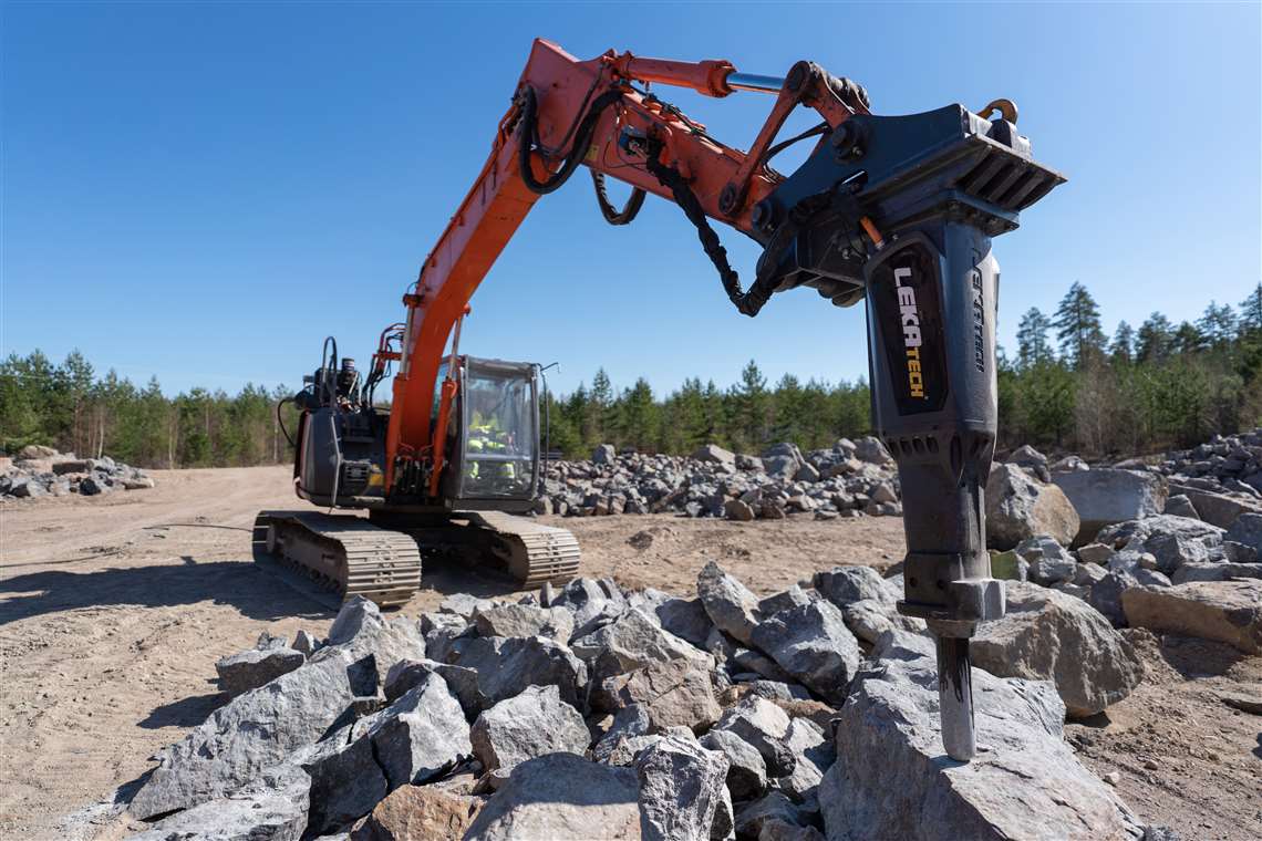 Lekatech's electric hammer attachment mounted on an excavator