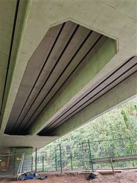 Steel tendons running longitudinally under one of the bridge's two superstructures.