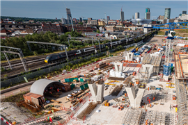 An aerial view of early progress on the construction of the V-shaped piers for the Curzon No 3 viaduct in Birmingham, UK