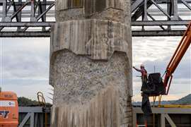 Progress drilling out concrete from a MEWP on piers of the Montgomery locks and dam facility on the Ohio River, Pennsylvania, USA