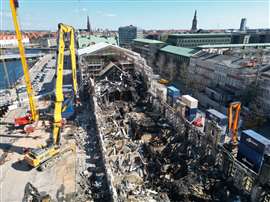 An aerial view of the Old Stock Exhange after the scaffolding had been removed show the extent of the fire damange