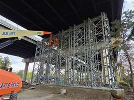 Shoring towers installed under the bridge