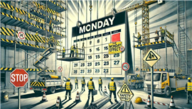 An editorial illustration for a construction industry article about workplace safety, focusing on 'The Monday Effect,'