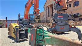 A variety of attachments is used on the Hitachi 240-5G demolition excavator