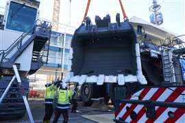 Delivery of a 20-ton bucket for an excavator at the Liebherr stand at Bauma 2025